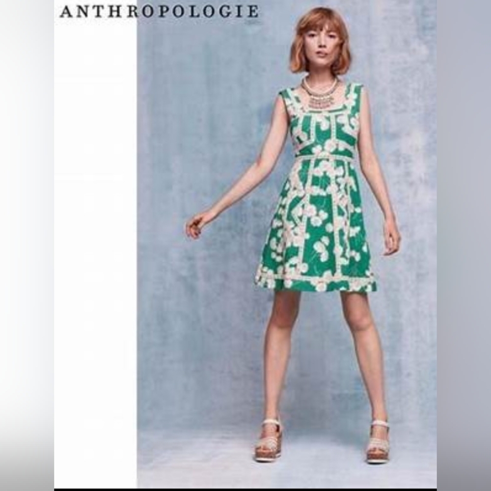 Anthropologie Maeve Emma Green and Cream Floral Dress , Size 6